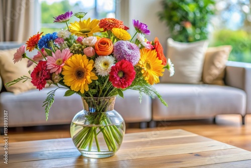 Wallpaper Mural A collection of colorful flowers arranged in a vase on a coffee table, floral arrangements, interior design, bouquets, botanical art, home decor Torontodigital.ca