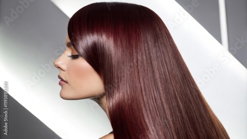 A side profile of a person with thick straight hair colored in rich mahogany dramatically lit by a brilliant white light. The stark contrast against the hair emphasizes its