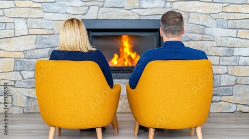 Cozy Winter Evening by the Fireplace with a Couple in Yellow Chairs photo