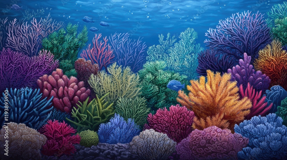Obraz premium Vibrant Coral Reef Underwater Scene with Various Coral Species