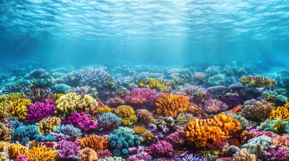 Naklejka premium Vibrant Underwater Coral Reef with Diverse Marine Life and Colors