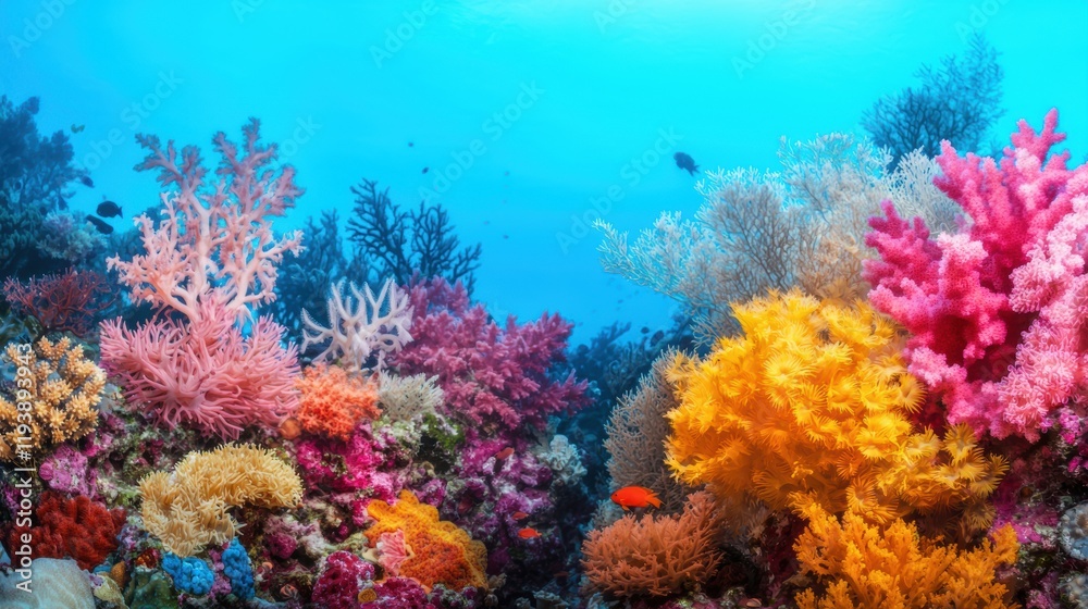 Obraz premium Vibrant Underwater Coral Reef Scene with Diverse Marine Life