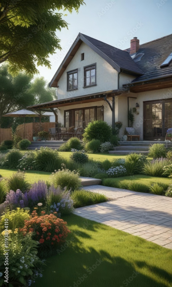 A cozy suburban home with a large garden and a patio area, plants, suburban home, patio furniture A cozy suburban home with a large garden and a patio area, plants, suburban home, patio furniture