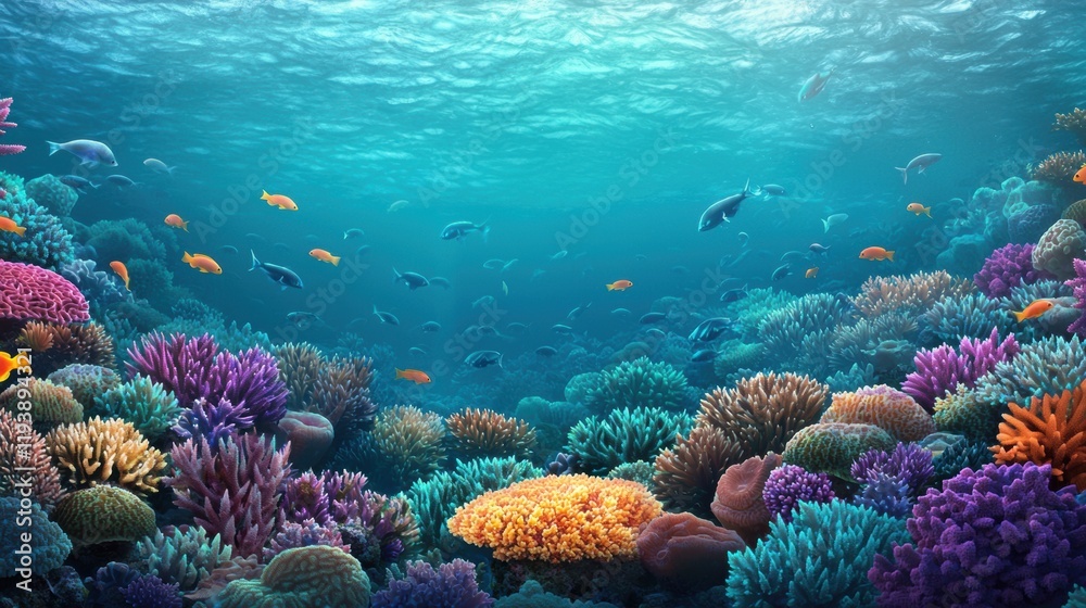 Fototapeta premium Vibrant Coral Reef with Colorful Fish Under Clear Ocean Water