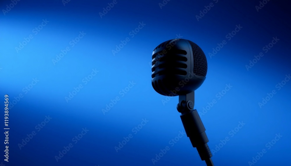 Retro Microphone on Blue Background Studio Recording Podcast Broadcasting Equipment Retro Microphone on Blue Background Studio Recording Podcast Broadcasting Equipment