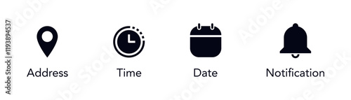 Address location icon. Notification bell icon. Stopwatch timer icon. Date Calendar icon - Web icons set