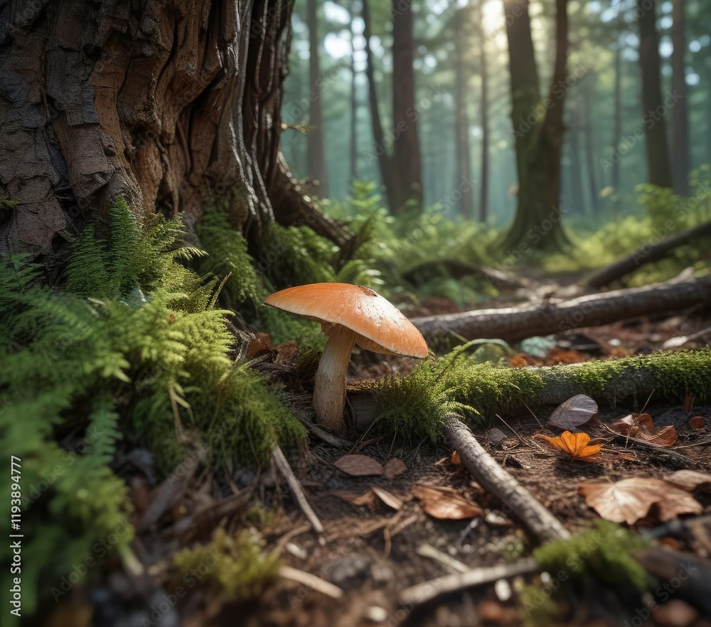 A lone mushroom pushes through the undergrowth near a fallen tree trunk on a forest floor, moss, decay, earthy tones A lone mushroom pushes through the undergrowth near a fallen tree trunk on a forest floor, moss, decay, earthy tones