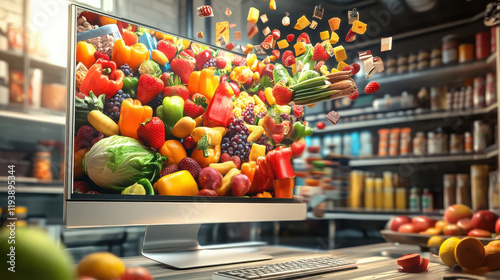 Fototapeta Naklejka Na Ścianę i Meble -  A computer screen displays an explosion of colorful fruits and vegetables, symbolizing healthy eating.