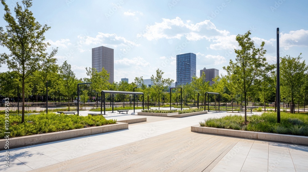 Urban park with swings and modern buildings under blue sky Urban park with swings and modern buildings under blue sky