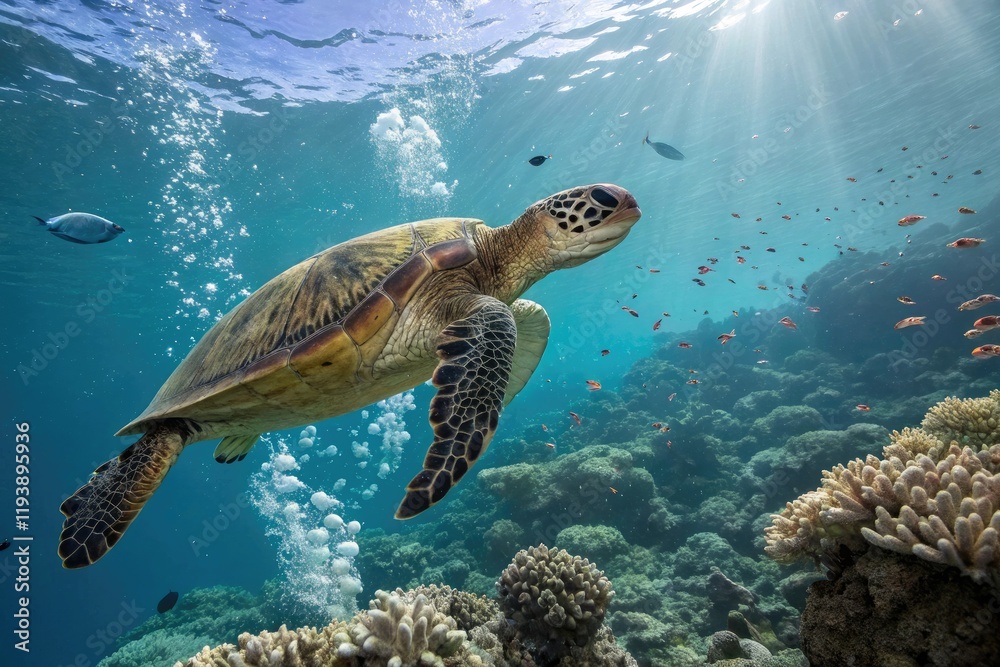 Fototapeta premium A majestic sea turtle gliding through the water bubbles near a coral reef amidst an underwater landscape, aquatic plants, coral formation, marine ecosystem