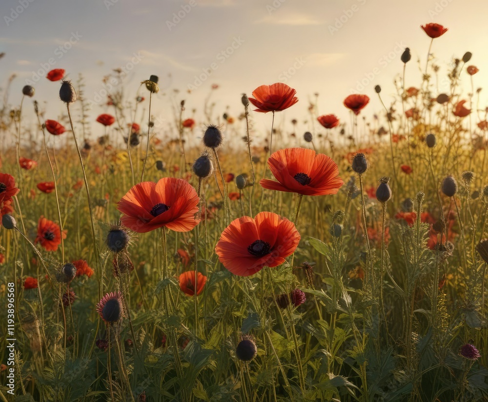 Obraz premium A mix of dark red poppy flowers and yellow thistle weeds in a golden light, red flowers, yellow flowers, autumn flowers