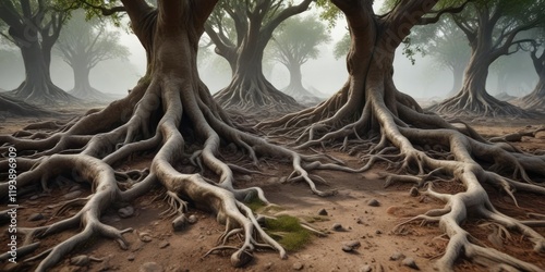A network of old tree roots spreads across the ground , vegetation, spread, undergrowth