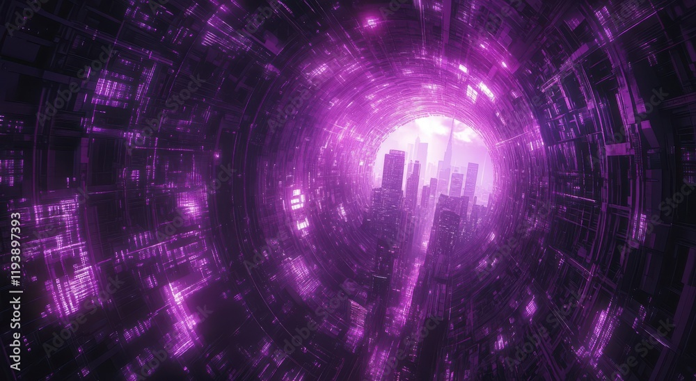 Fototapeta premium Futuristic Digital Cityscape with Purple Light and Abstract Patterns in a Circular Perspective, Capturing the Essence of a Sci-Fi Universe and Advanced Technology