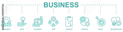 Business banner web icon vector illustration concept with icon of management, ideas, leadership, team, strategy, process, goals, implementation