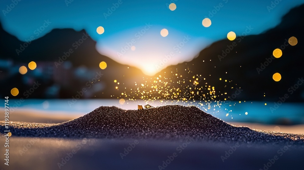Obraz premium Magical Sunset Sparkle Golden Dust on Dark Sand Beach
