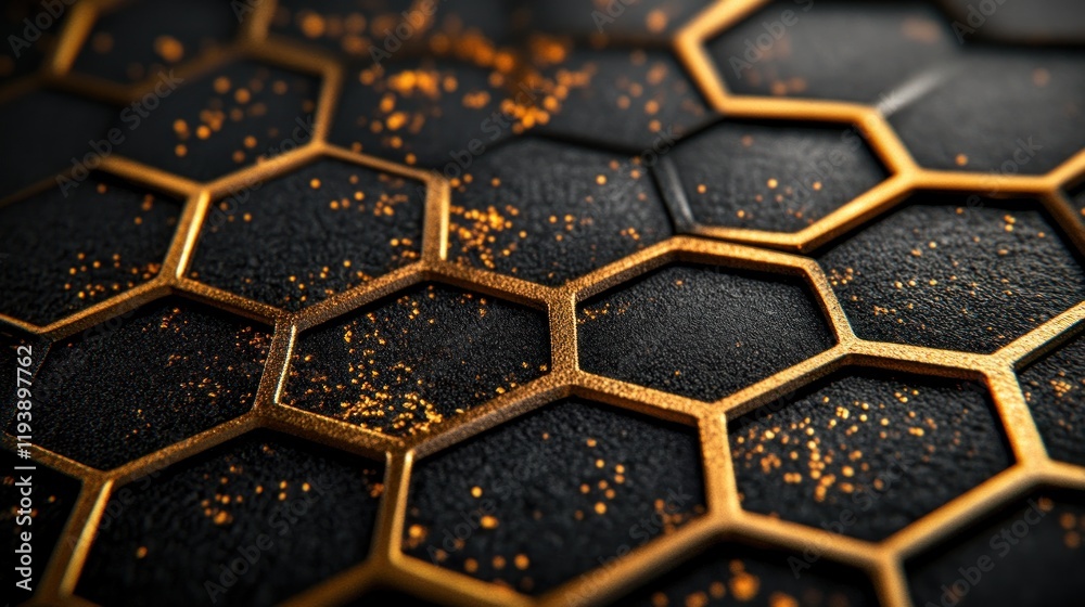 Gold hexagons on dark textured surface with gold dust. Gold hexagons on dark textured surface with gold dust.