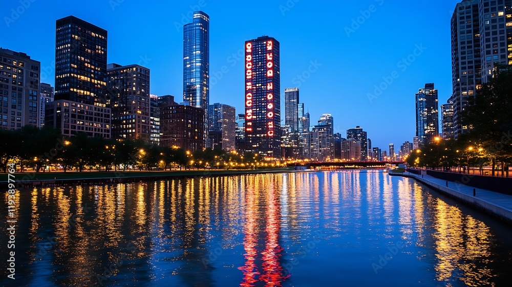 Fototapeta premium Skyline of Chicago Illuminated at Night with Reflective Water and Modern Architecture : Generative AI