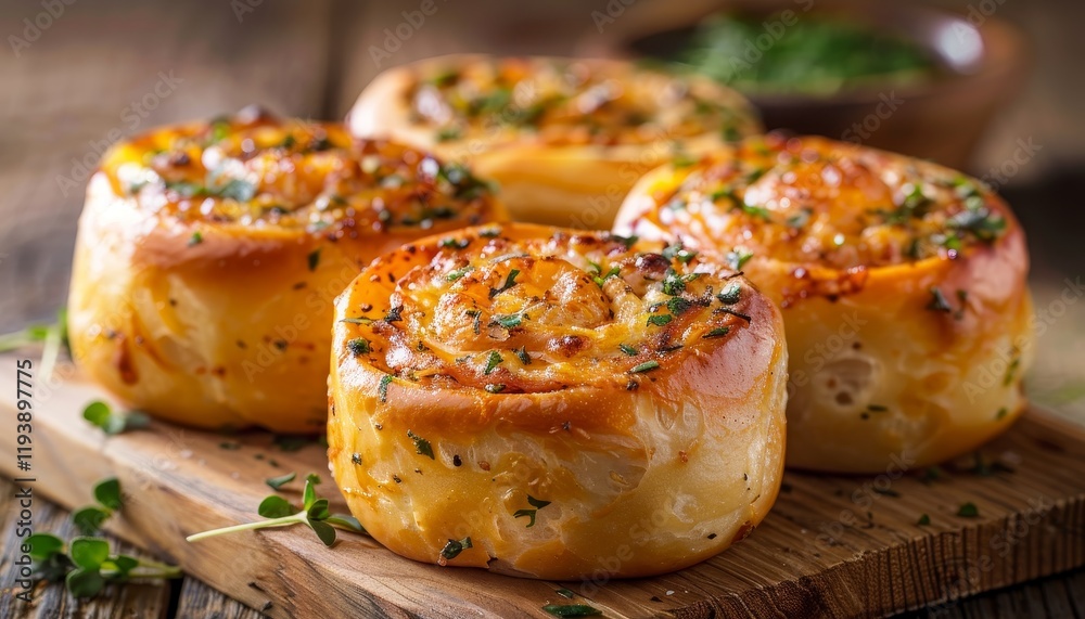 Four golden brown cheese and herb rolls on a wooden board. Four golden brown cheese and herb rolls on a wooden board.