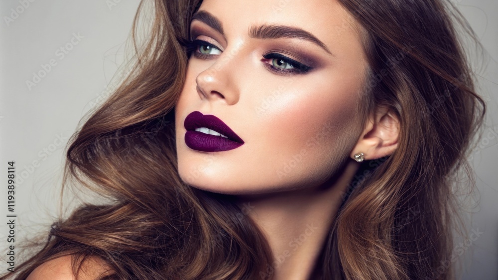A striking image of a woman with rich plum lipstick that commands attention. Her neck highlights the absence of accessories while her hair cascades down her shoulders complementing A striking image of a woman with rich plum lipstick that commands attention. Her neck highlights the absence of accessories while her hair cascades down her shoulders complementing