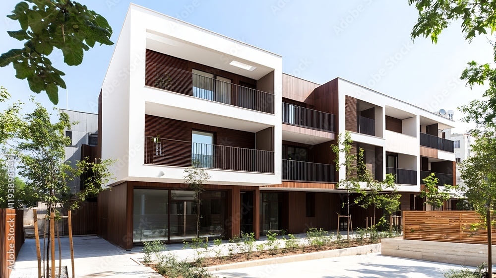 Fototapeta premium Minimalist White and Wooden Apartment Complex with Greenery Under Clear Blue Skies : Generative AI