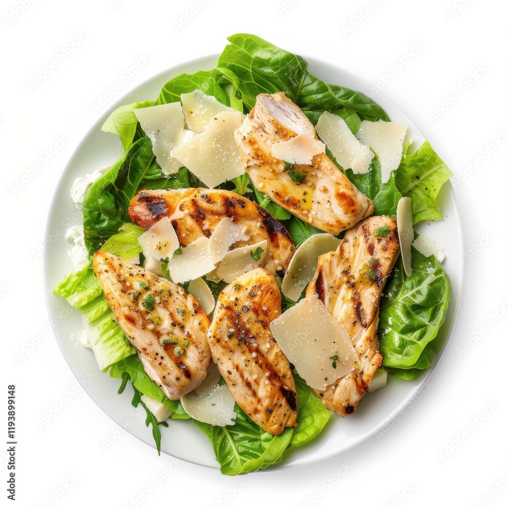 A Caesar salad with grilled chicken strips and Parmesan shavings, isolated white background, modern art style A Caesar salad with grilled chicken strips and Parmesan shavings, isolated white background, modern art style