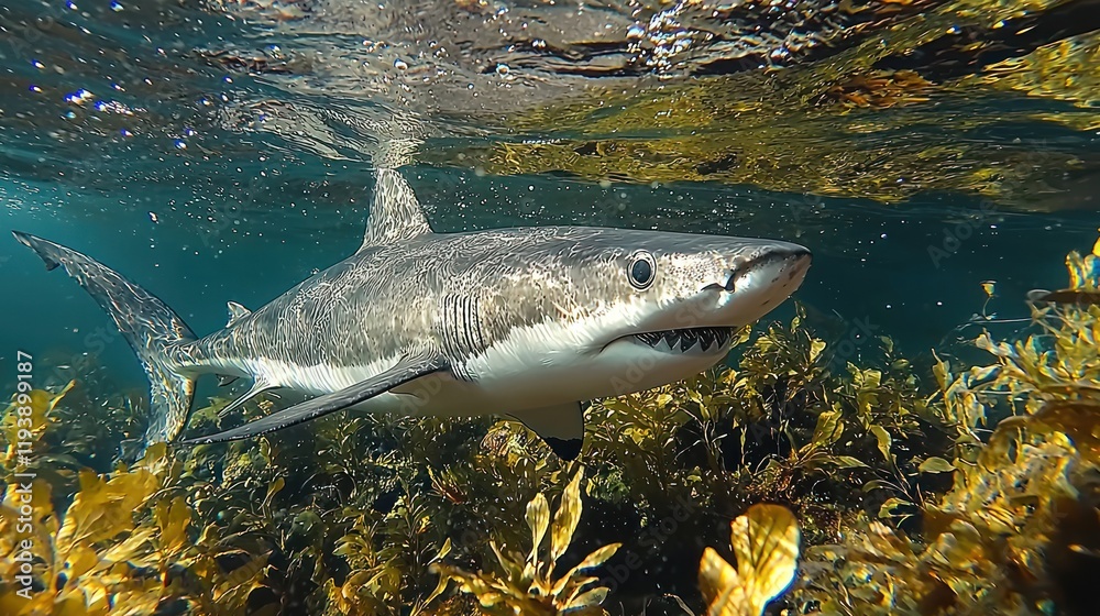 Fototapeta premium Majestic Great White Shark in Kelp Forest