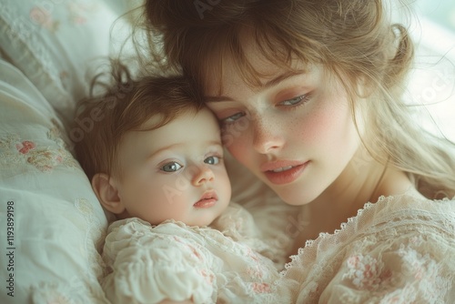 Rocking Mother Sings Lullaby to Baby at Home Tender Moment of Motherhood and Care photo