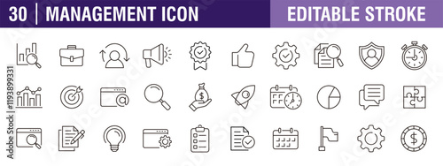 Collection of management icons. Business, growth, planning concept, project. Vector design template, signs, symbols, editable stroke.