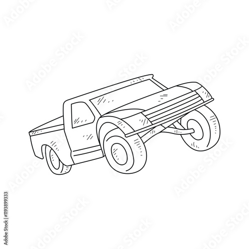 Off-Road Beast: A Minimalist Line Drawing Vector Design Capturing the Raw Power and Rugged Engineering of a off-road vehicle, Featuring Aggressive Suspension Lift, Oversized All-Terrain Tires. 