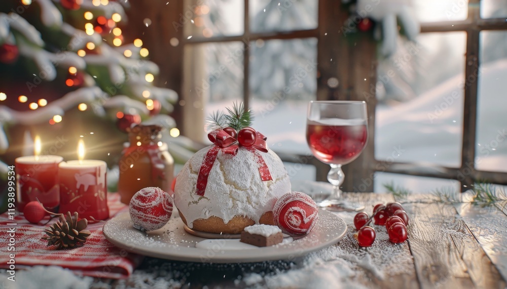A snow-covered Christmas cake with red ornaments, a glass of wine, candles, and a snow-covered window in the background. A snow-covered Christmas cake with red ornaments, a glass of wine, candles, and a snow-covered window in the background.