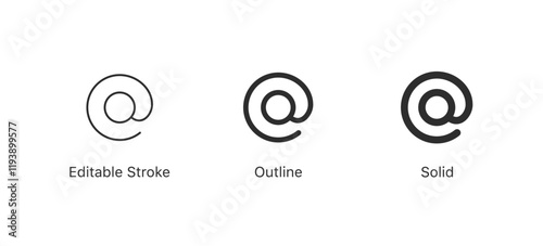 address at icon '@' symbol in three styles: editable stroke, outline, and solid. Minimalist vector icons for web and app interfaces, email, communication, and graphic design projects
