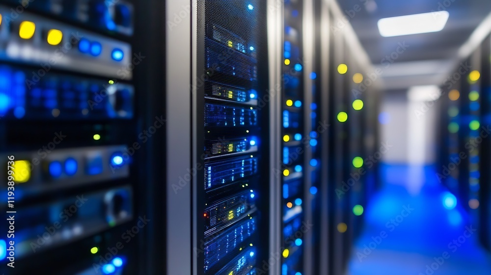 Close-up of illuminated servers in a high-performance computing data center facility : Generative AI Close-up of illuminated servers in a high-performance computing data center facility : Generative AI