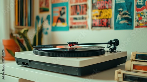 Vintage Turntable with Records in Cozy Retro Style Room