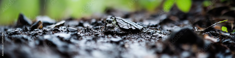 Close-up of Wet Charred Wood and Soil Close-up of Wet Charred Wood and Soil