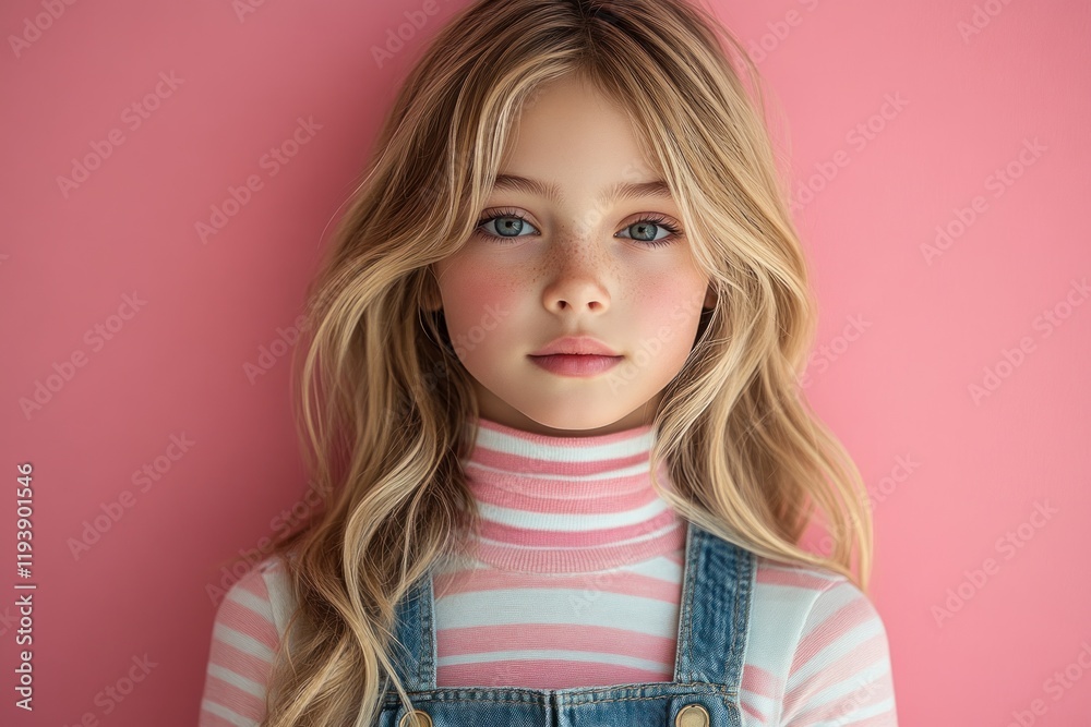 Trendy Young Girl in Denim Overalls with Backpack Stylish Portrait on Pink Background Trendy Young Girl in Denim Overalls with Backpack Stylish Portrait on Pink Background