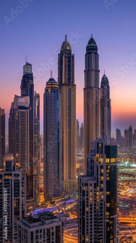 tall buildings illuminated at night next to a lake in Dubai with copy space vertically 9:16