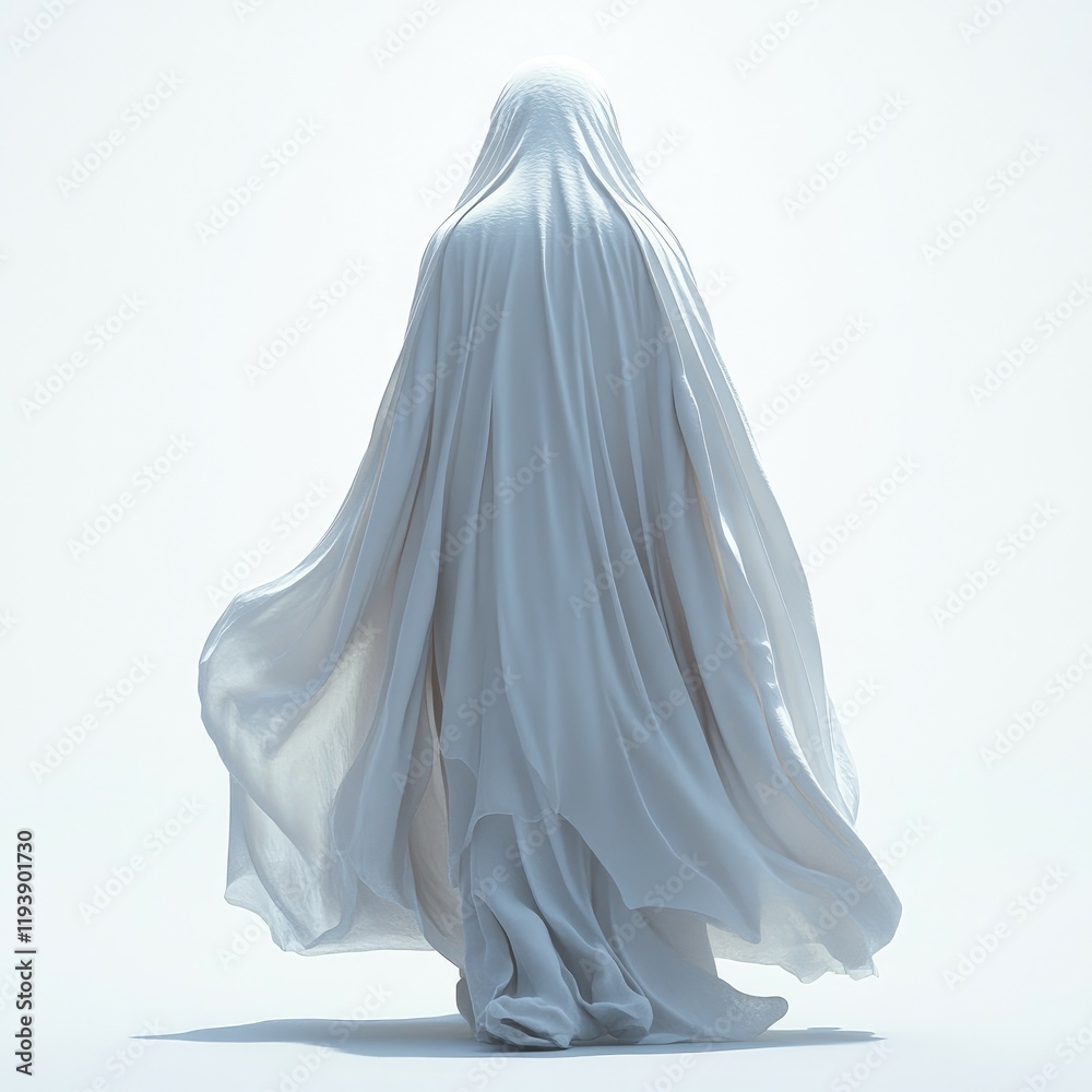 Enigmatic Ghostly Figure in White Drape: A Surreal and Dreamlike Digital Artwork Enigmatic Ghostly Figure in White Drape: A Surreal and Dreamlike Digital Artwork