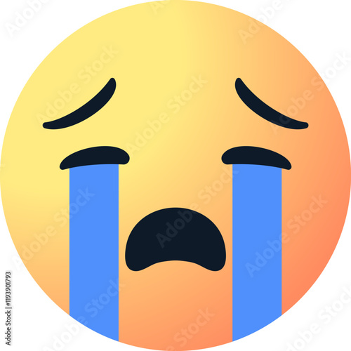 Loudly crying emoji face with streaming tears and open mouth. A yellow crying emoticon expressing intense sadness with blue tears for digital communication and social media. vector illustration