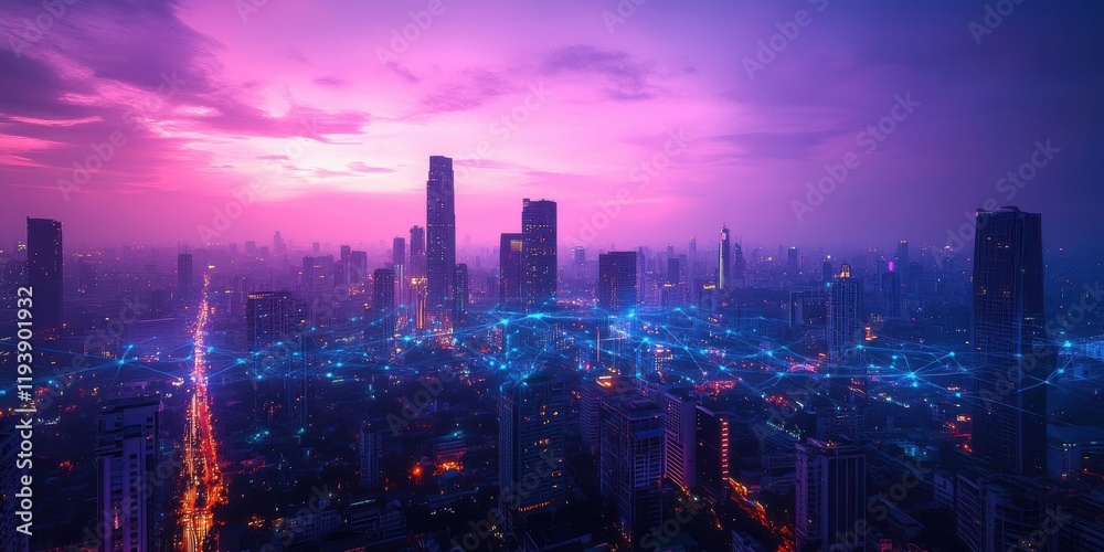 Fototapeta premium Stunning Aerial View of a Bustling Urban Cityscape at Dusk with Twilight Colors and Vibrant Neon Lights Creating a Nighttime Illumination Effect