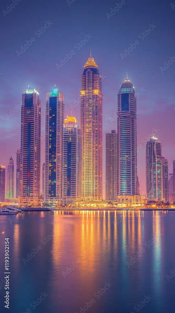 Fototapeta premium tall buildings illuminated at sunset next to a lake in Dubai with copy space vertically 9:16