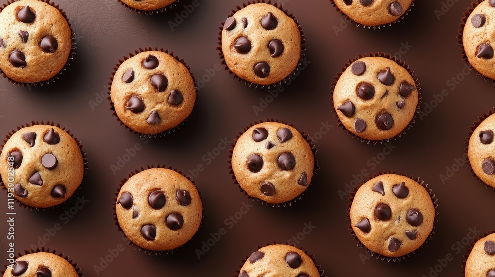 Chocolate chip muffins arranged in rows on brown background. Perfect for bakery, food blog, or recipe website. Chocolate chip muffins arranged in rows on brown background. Perfect for bakery, food blog, or recipe website.
