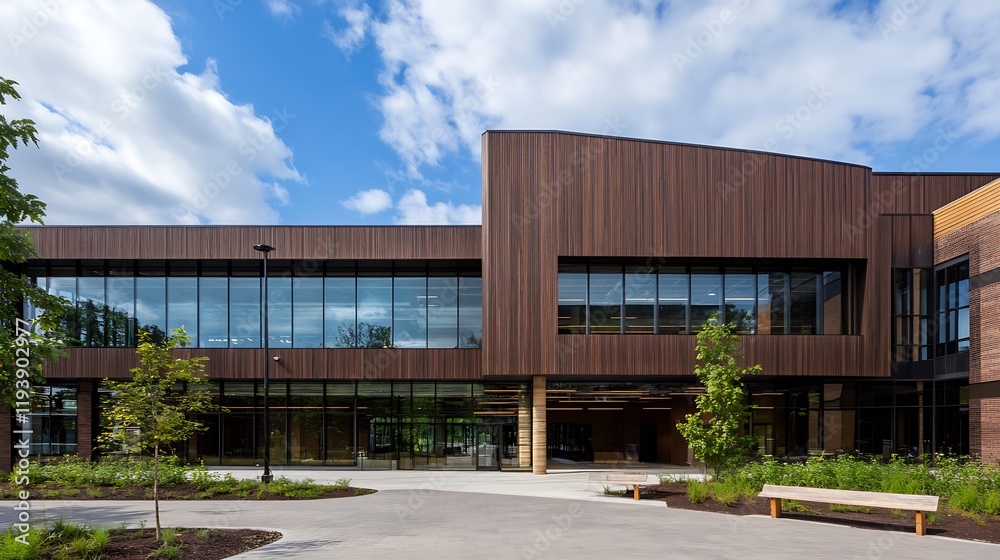 Modern Wooden Facade of Educational Building Under Blue Sky with Greenery and Courtyard : Generative AI Modern Wooden Facade of Educational Building Under Blue Sky with Greenery and Courtyard : Generative AI