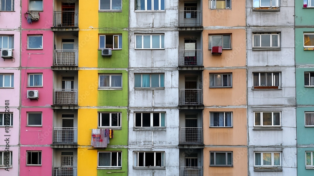 Colorful Urban Apartment Building Façade with Varied Pastel Shades and Geometric Windows : Generative AI Colorful Urban Apartment Building Façade with Varied Pastel Shades and Geometric Windows : Generative AI