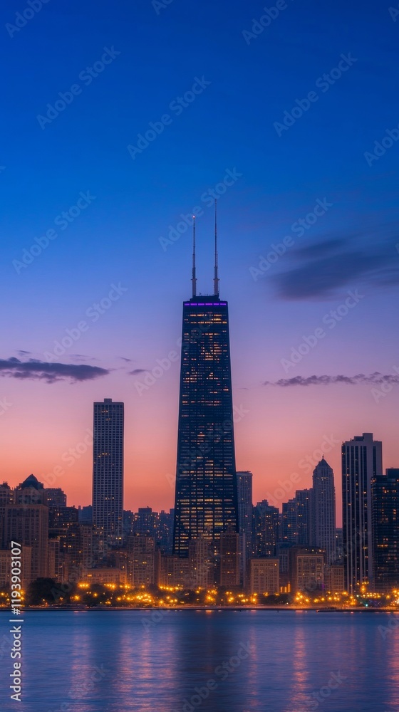 Fototapeta premium tall buildings illuminated at sunset next to a lake in Dubai with copy space vertically 9:16