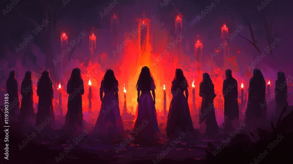 Mysterious Gathering of Figures Surrounding a Fiery Ritual Mysterious Gathering of Figures Surrounding a Fiery Ritual