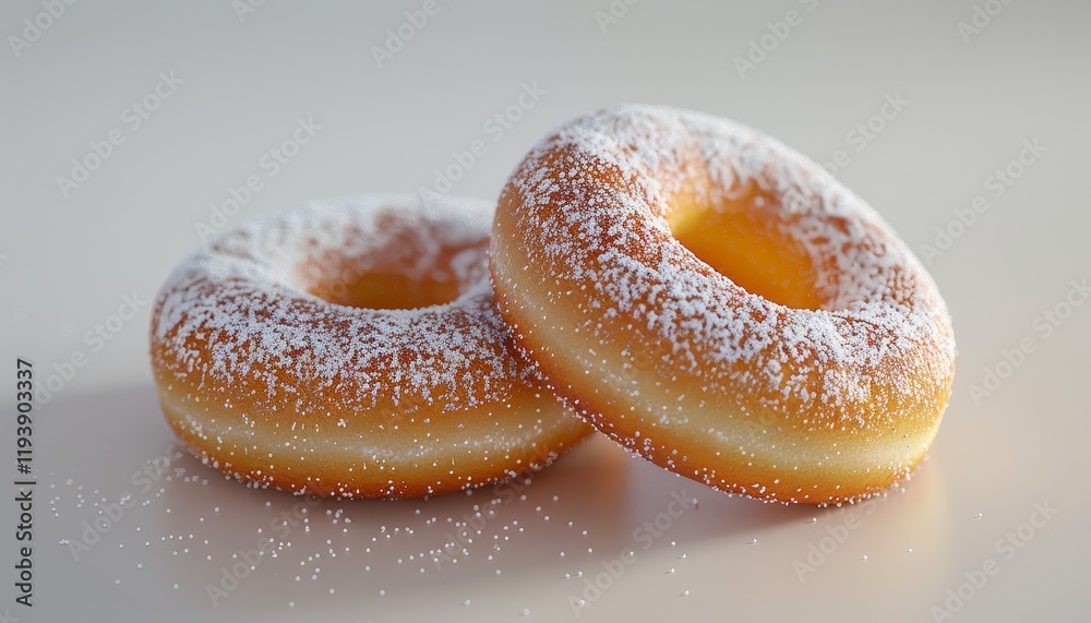 Two fresh donuts with powdered sugar on a white background.