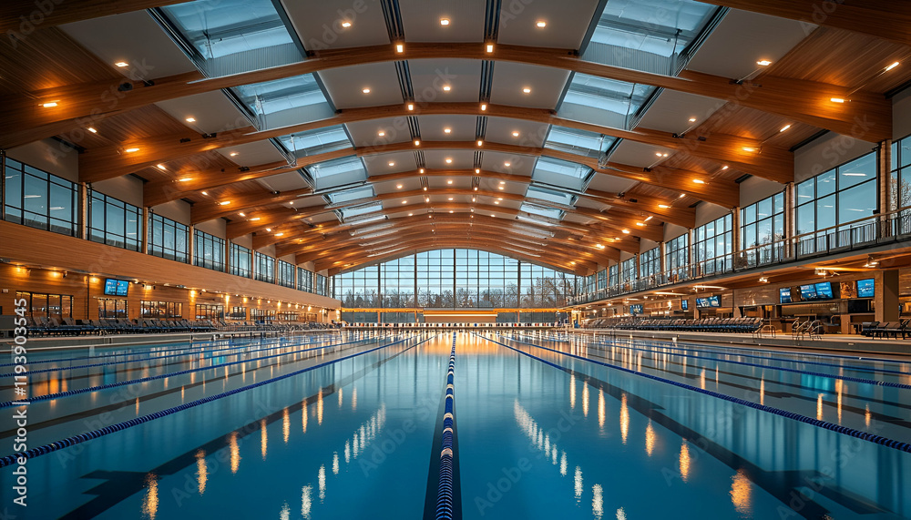 Fototapeta premium Indoor Olympic-size pool, daytime, wood beams, city view
