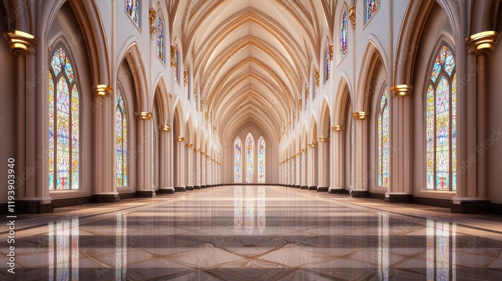 Fototapeta premium Elegant Gothic Architecture Interior with Colorful Stained Glass