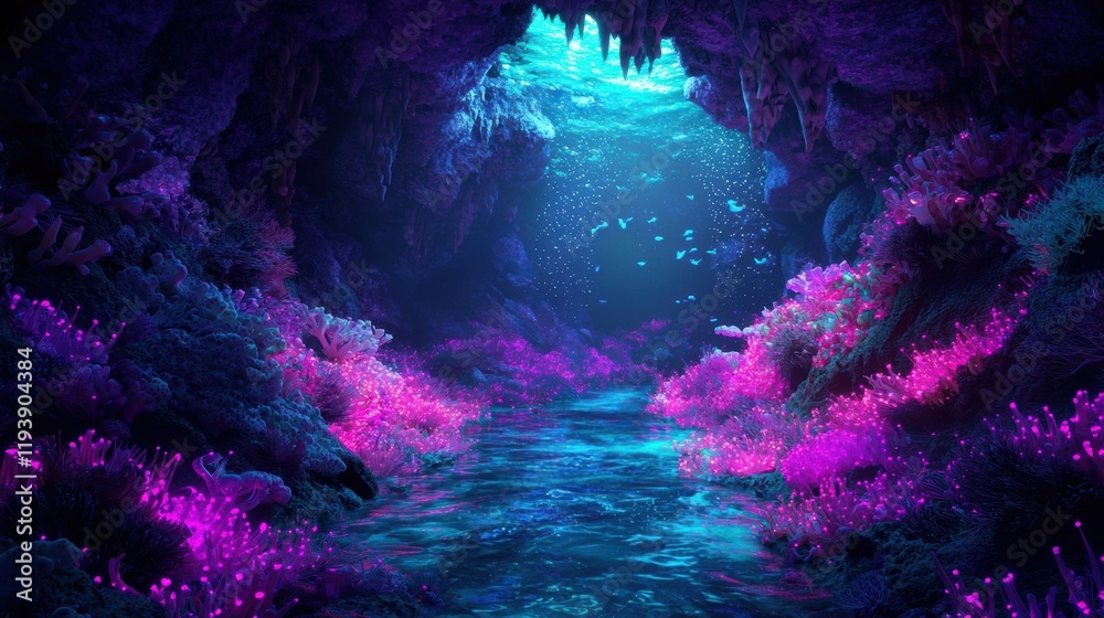 Obraz premium Enchanting Underwater Cave with Vibrant Corals and Colorful Lights