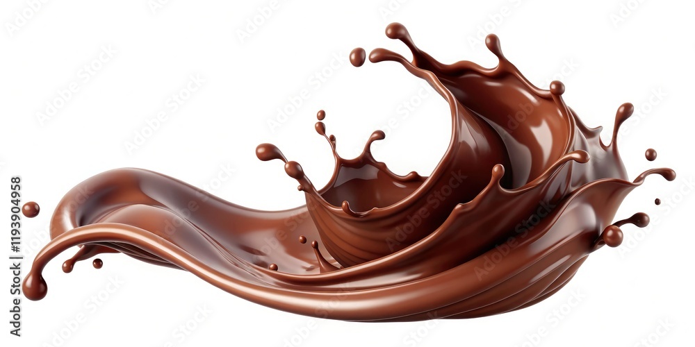 A 3D rendered dark chocolate wave splashes against a pristine white background, ready for use.